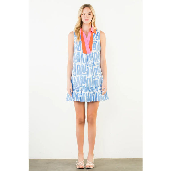 Light Blue Sleeveless Abstract Pattern V-Neck Dress