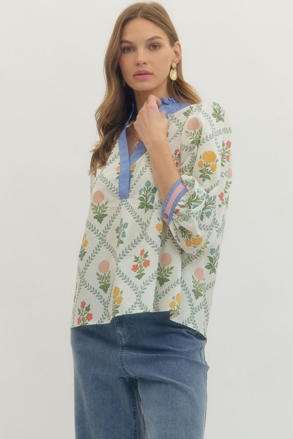 Floral Print 3/4 Puff Sleeve Top w Ruffled Trim