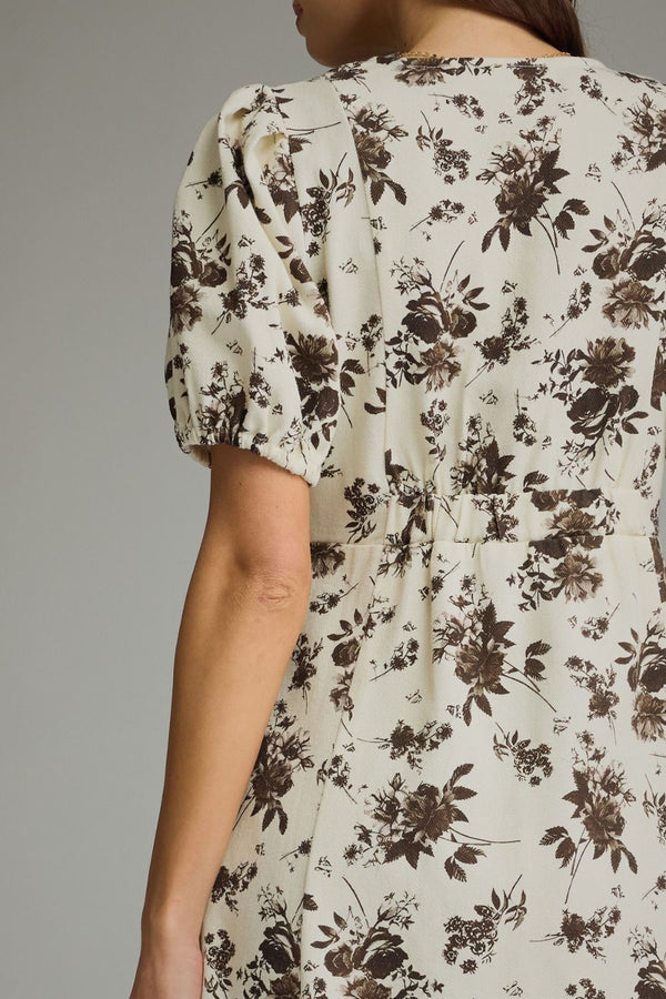 Ecru Floral Print V-neck Short Puff Sleeve Mini Dress