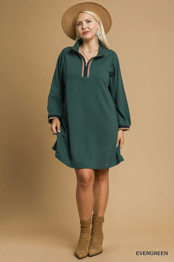 Evergreen Waffle Knit Quarter Zip Dress