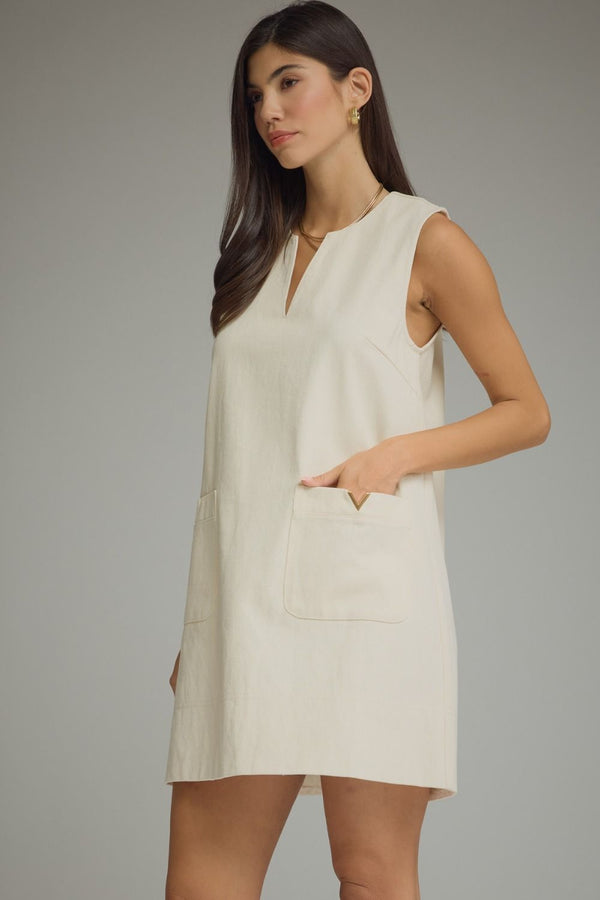 Ecru Mini Dress Featuring Front Pockets With Metal Accent