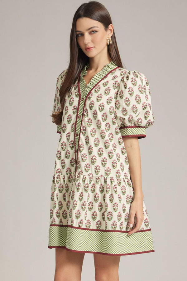 Ecru Print Puff Sleeve Mini Dress w Gingham Trim