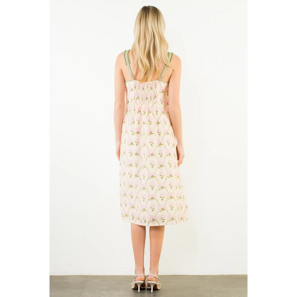Cream Thin Strap Floral Pattern Dress