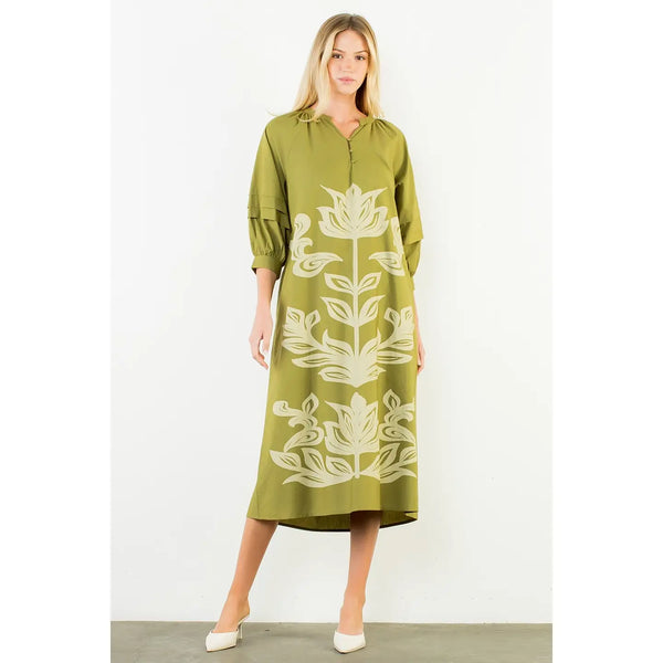 Olive Flower Print Maxi Dress