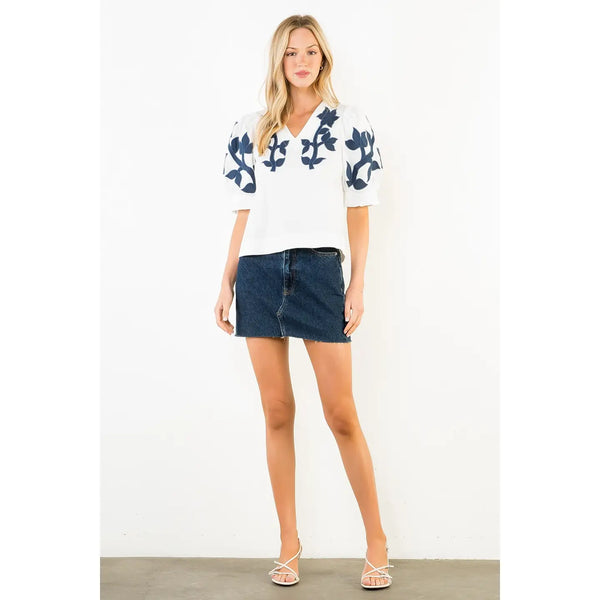 Emb Puff Sleeve White Top