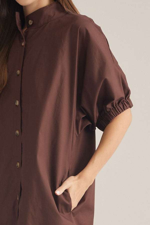 Solid Brown Short Puff Sleeve Mini Dress