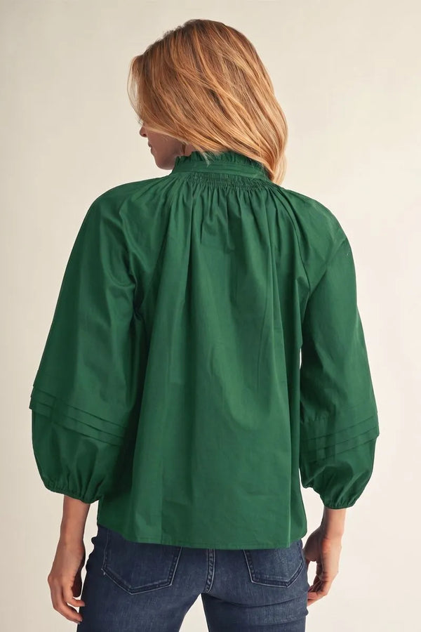 Hunter Green Notched V Neck Top w Pleat Detail & Ruffled Neckline