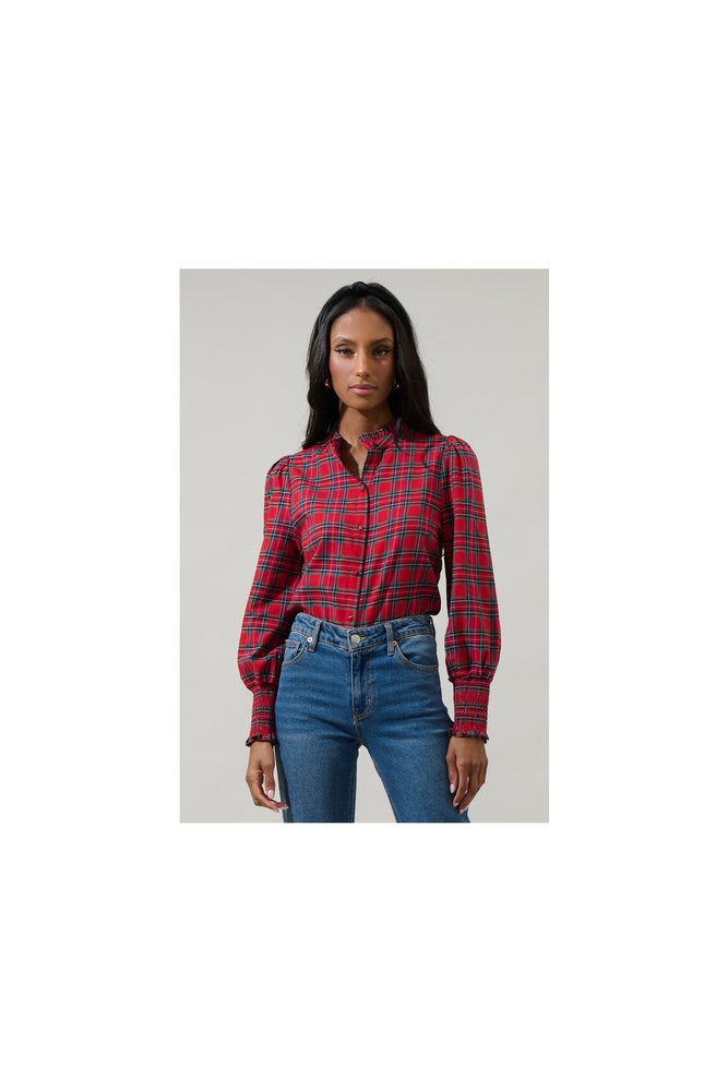 Chapman Plaid Split Neck Top Red