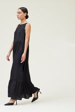 BLACK SATIN TIERED MAXI DRESS