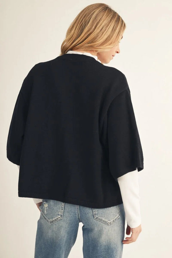 Black Drop Shoulder 3/4 Sleeves Button Down Cardigan