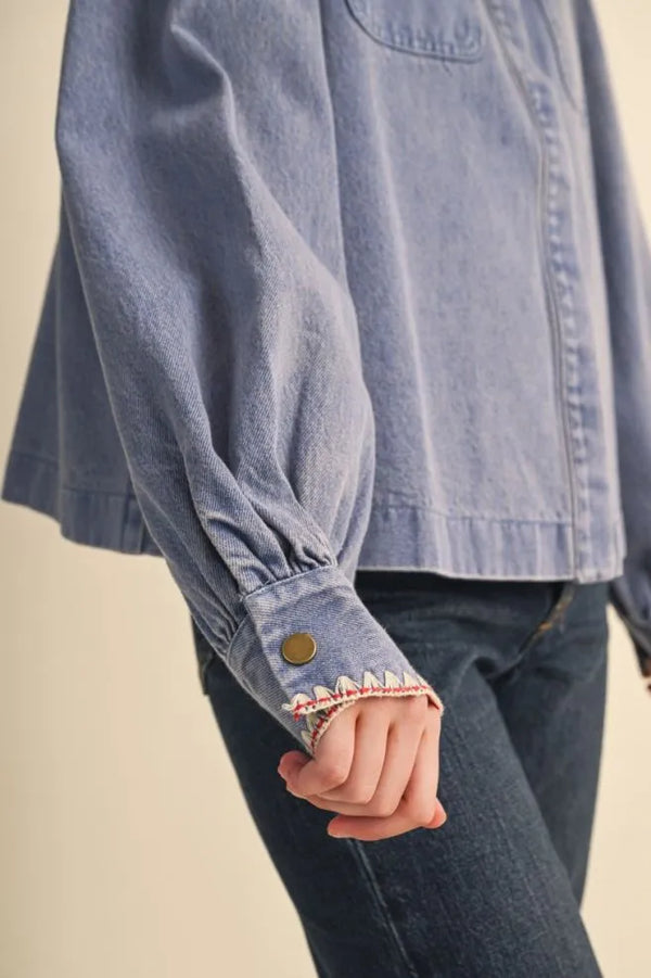 Denim Button Down Top w Ruffle Mock Neckline
