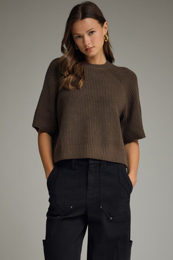 Brown Short Sleeve Sweater Textured Knit Top