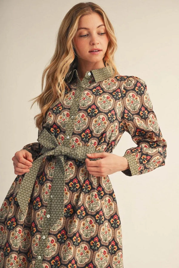 Black Multi Long Sleeves Button Down Floral Midi Dress w Belt