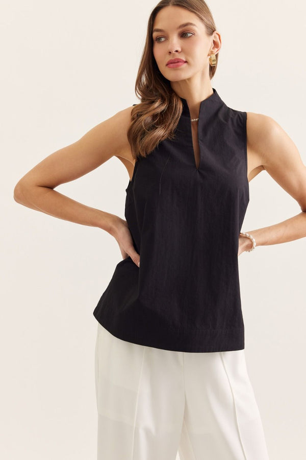 Solid Black Sleeveless Top Featuring Split V-neck