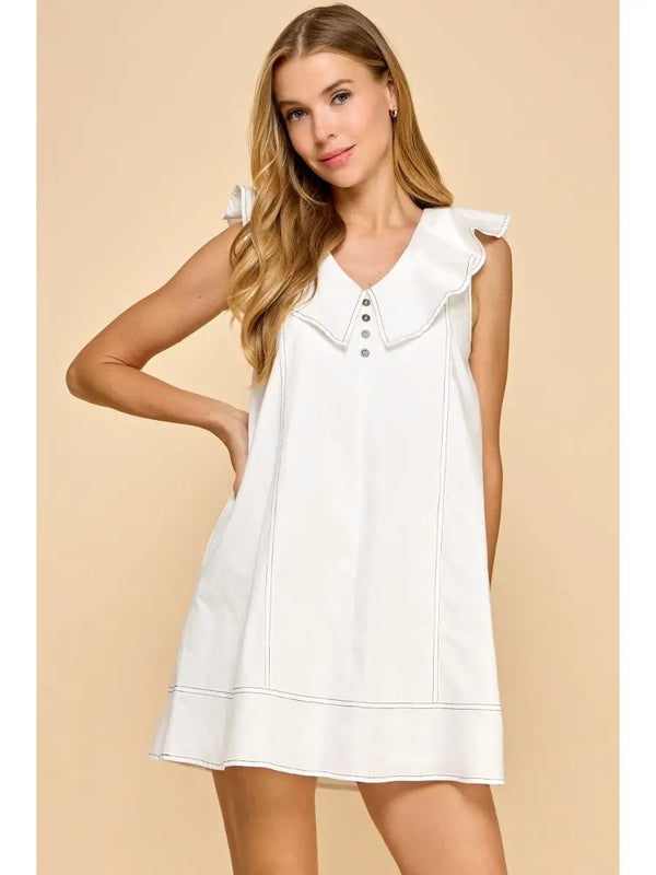 White Ruffled V Neckline Contrast Stitching Detail Dress