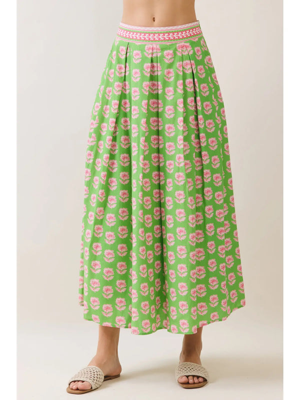 Green Floral Print Contrast Trim Detail Midi Skirt