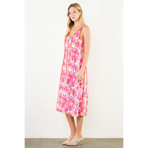 Fuschia Thin Strap Leaf-Like Pattern Dress