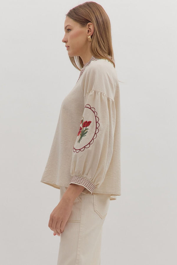 Ecru Long Sleeve Top w Floral Embroidery and Scallop Details
