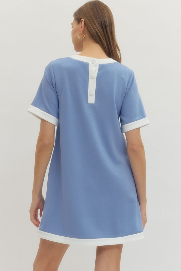 Solid Chambray Mini Dress w Contrast Trim