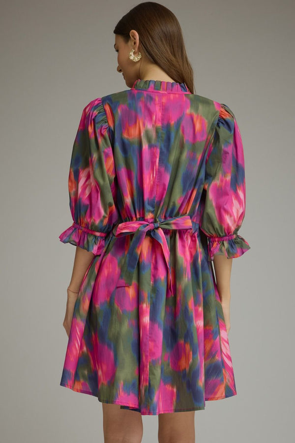 Magenta Printed Puff Sleeve Mini Dress w Ruffled Mock Neck