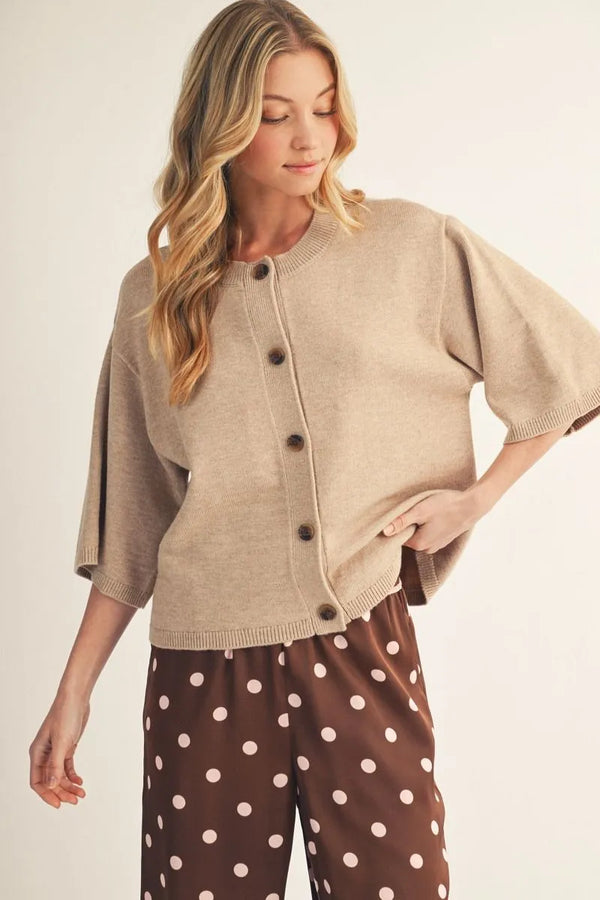 Oatmeal Drop Shoulder 3/4 Sleeves Button Down Cardigan