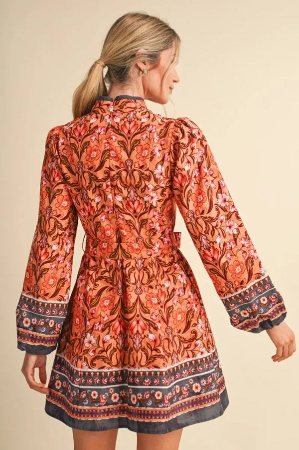 Mandarin Salmon Floral Border Print Belted Mini Dress