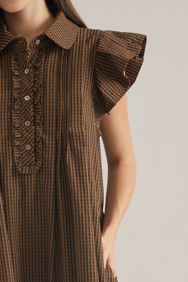 Black & Tan Gingham Ruffle Sleeve Mini Dress w Shirt-Style Neckline