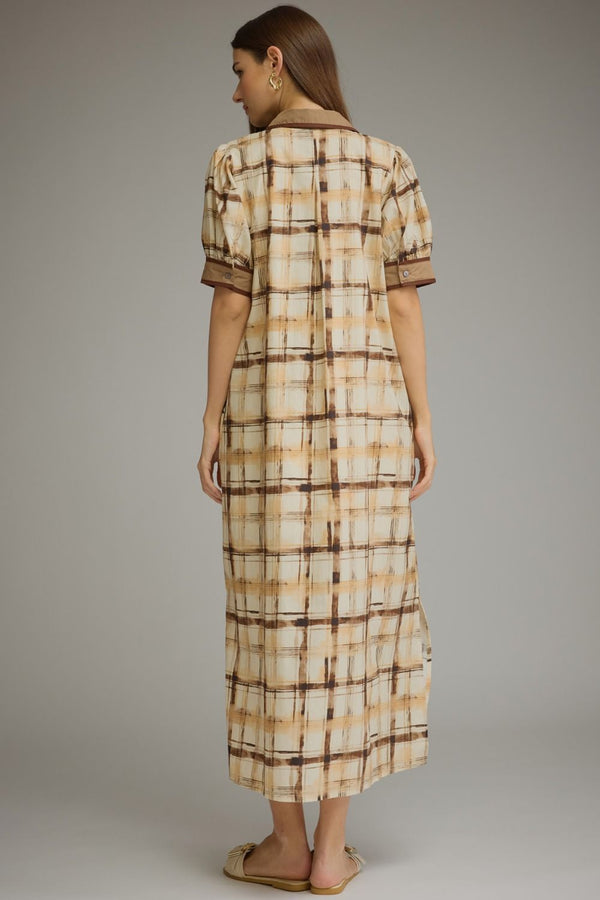 Brown Plaid Puff Sleeve Midi Dress w Contrast Trim