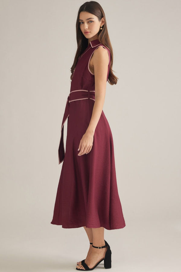 Sleeveless Burgundy Midi Dress w Contrast Piping & Belt