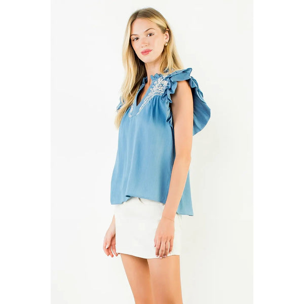 Ruffle Sleeves Light Blue Embroidery Detail Top