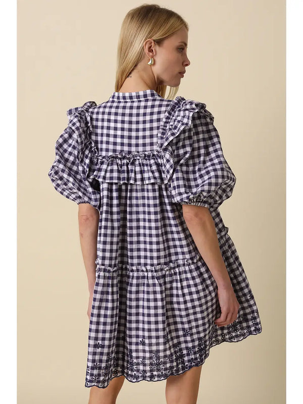 Sidney Gingham Ruffle Tiered Dress | White Navy
