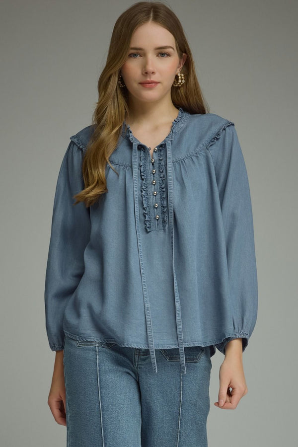 Long Sleeve Denim Top featuring Ruffled Trim