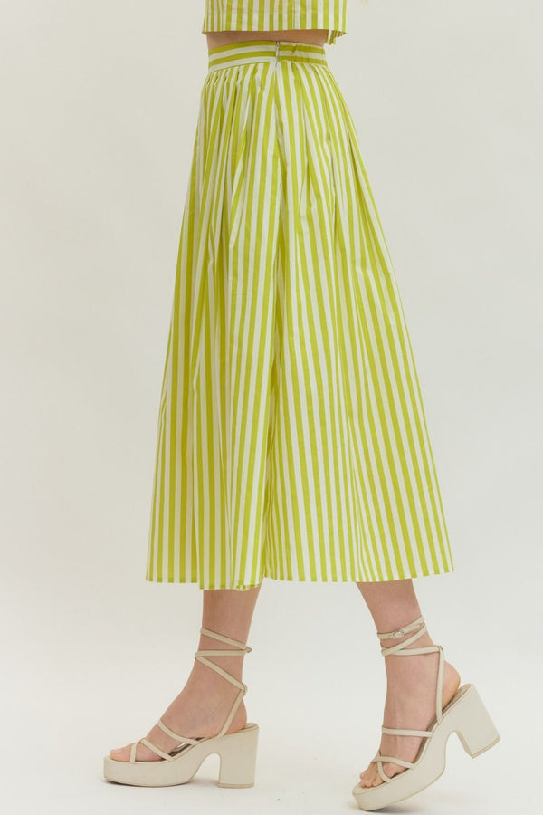 Lime Striped Midi Skirt w Elasticated Waistband
