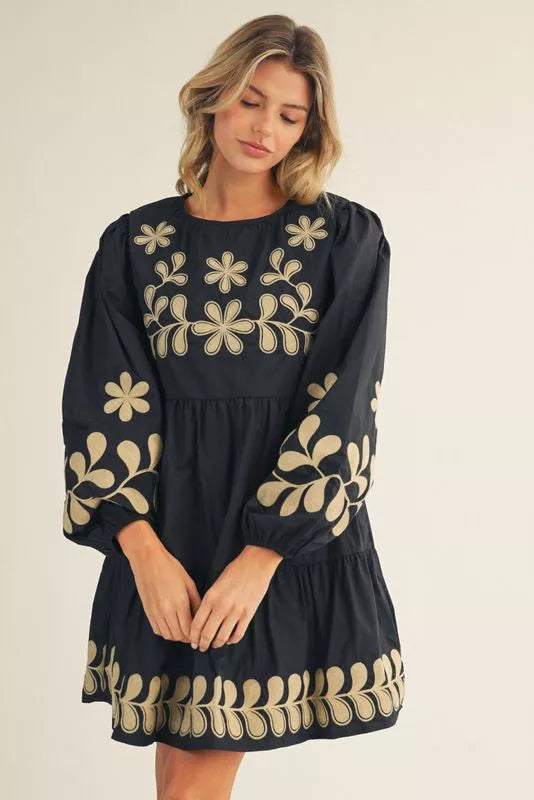 Black and Taupe Puff Sleeve EmbroideryDress