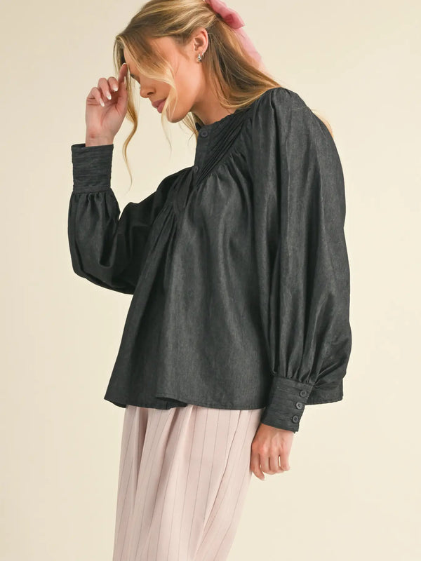 Black Button Down Batwing Sleeve Top