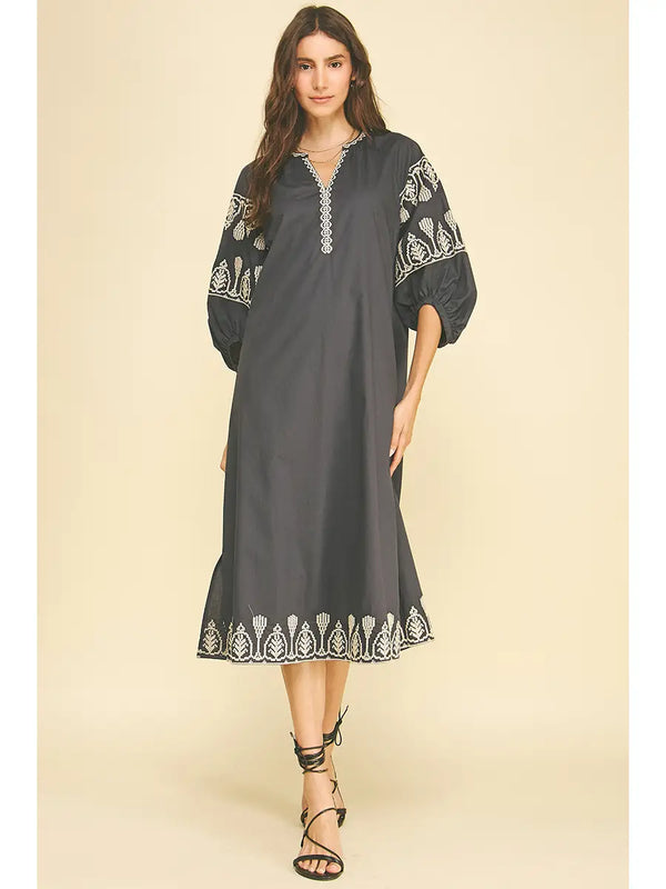 Boho Ink Embroidered Midi Dress
