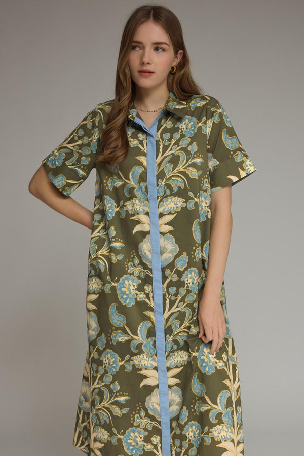 Olive Floral Print Short Sleeve Midi Dress w Contrast Trim Detail