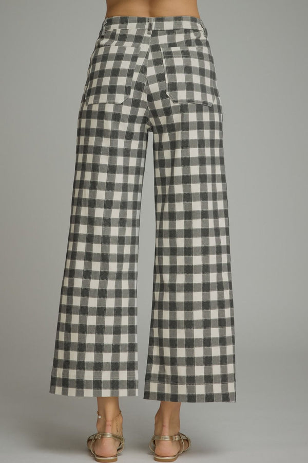 Black Gingham Wide Leg Pants w Front Pockets