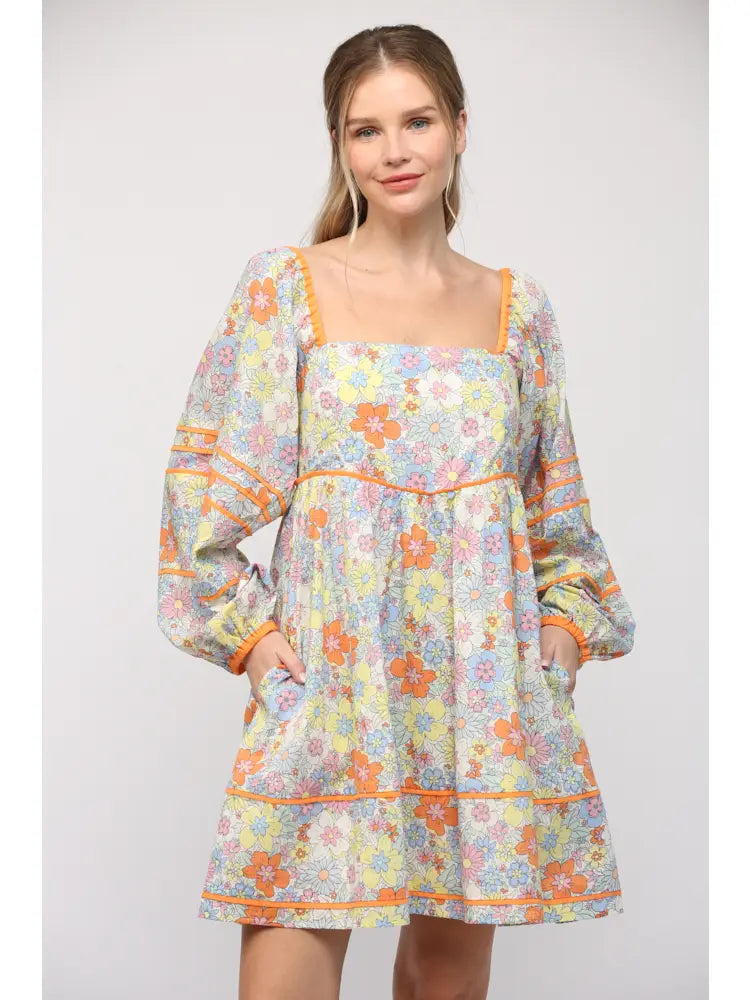 Square Neck Line Floral Print Cotton Babydoll Dress