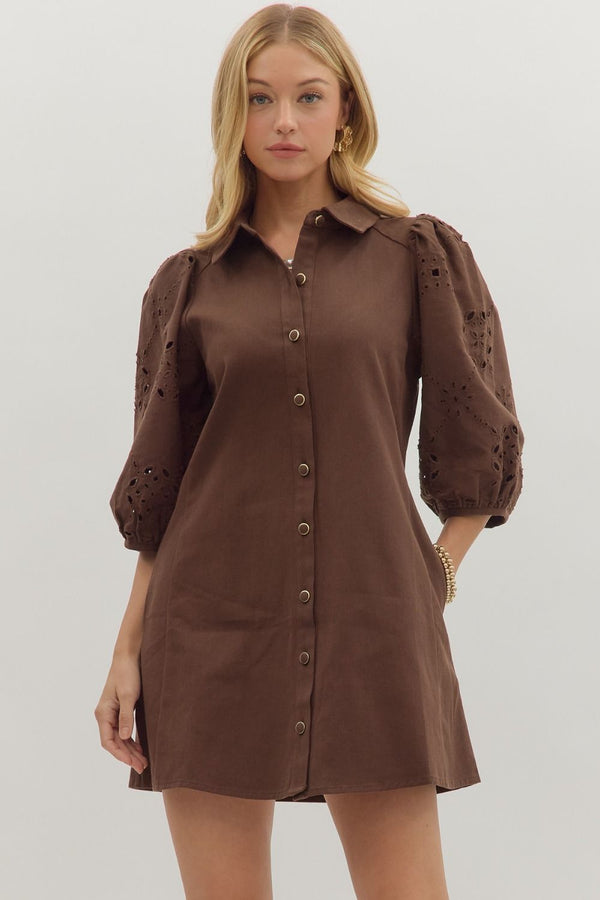 Brown Solid Eyelet Puff Sleeve Mini Dress
