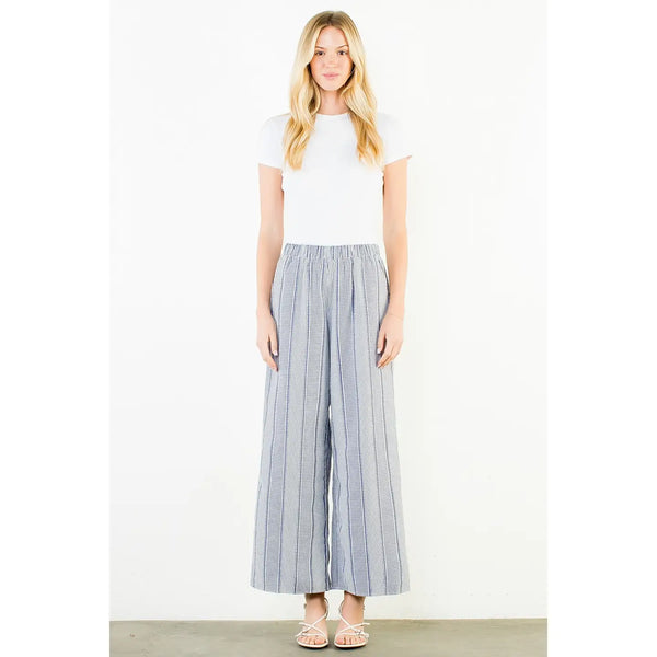 Blue Stripe Check Wide Leg Pants