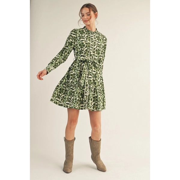 Olive Lace Trim Button Down Floral Dress
