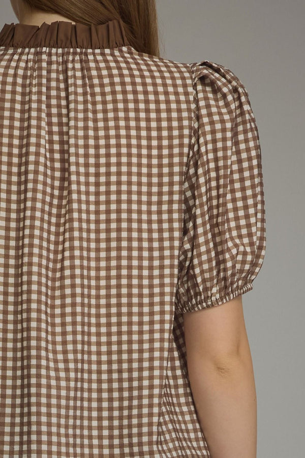 Brown Gingham Short Puff Sleeve Top w Contrast Inset Detail