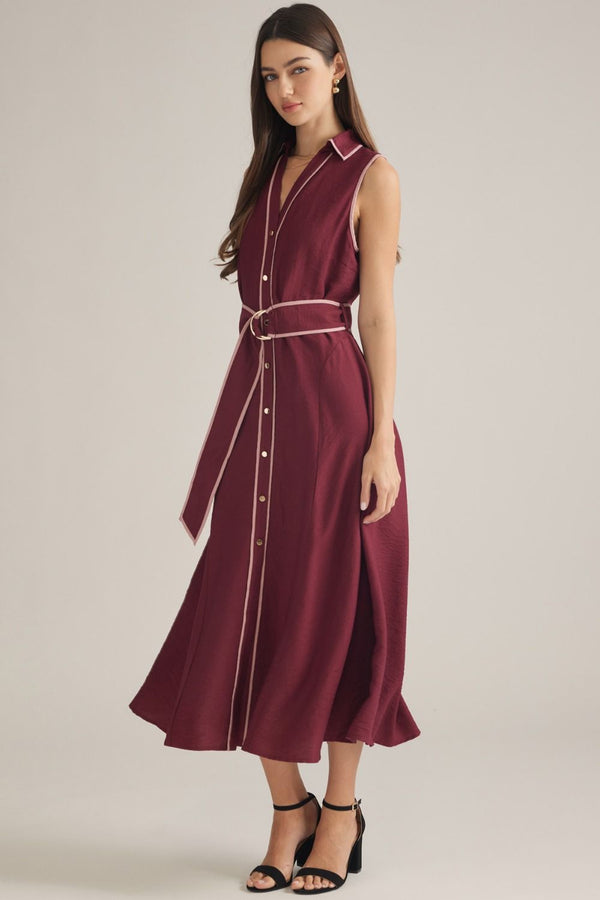 Sleeveless Burgundy Midi Dress w Contrast Piping & Belt