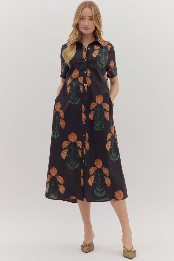 Black Floral Print Short Sleeve Midi Dress