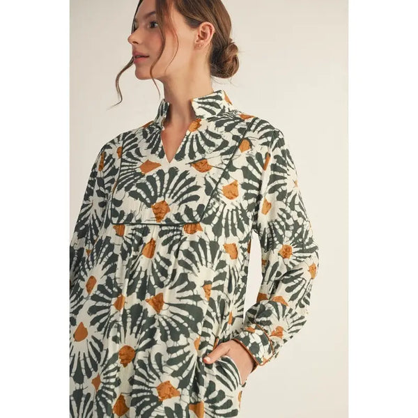 Olive Boho Print Midi Dress