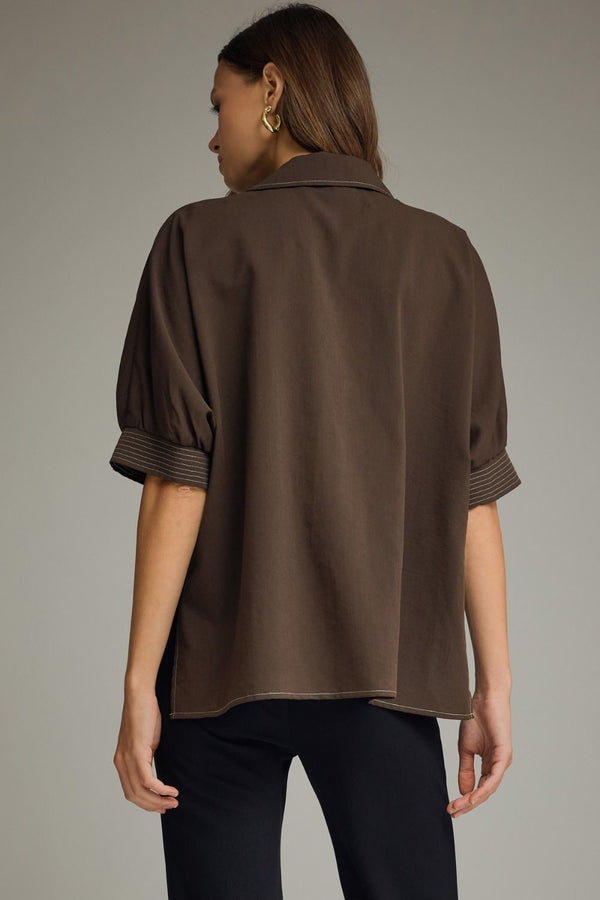 Brown Short Sleeve Top w Split V-Neck & Contrast Stitch detail