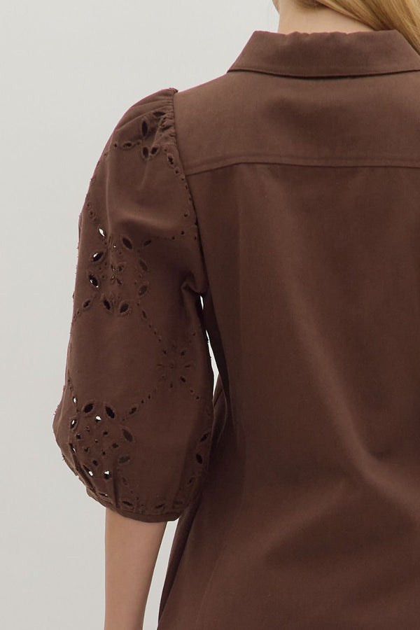 Brown Solid Eyelet Puff Sleeve Mini Dress