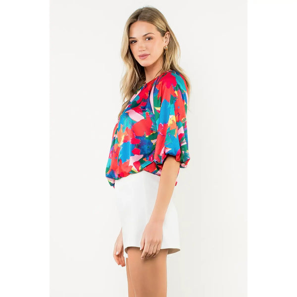 Balloon Sleeve Abstract Print Top