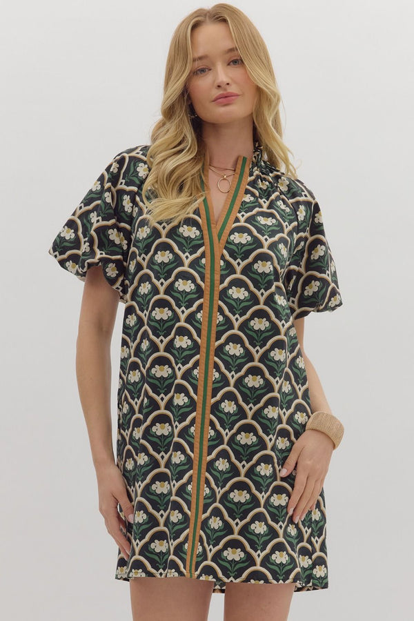 Botanical Print Short Puff Sleeve Mini Dress